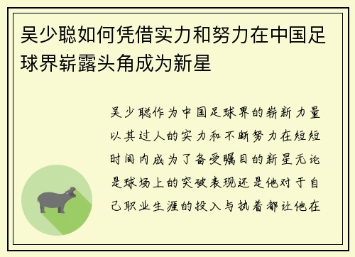 吴少聪如何凭借实力和努力在中国足球界崭露头角成为新星