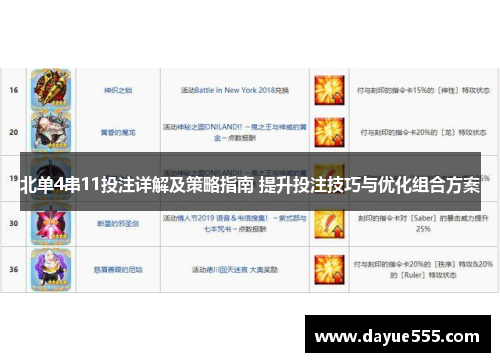 北单4串11投注详解及策略指南 提升投注技巧与优化组合方案